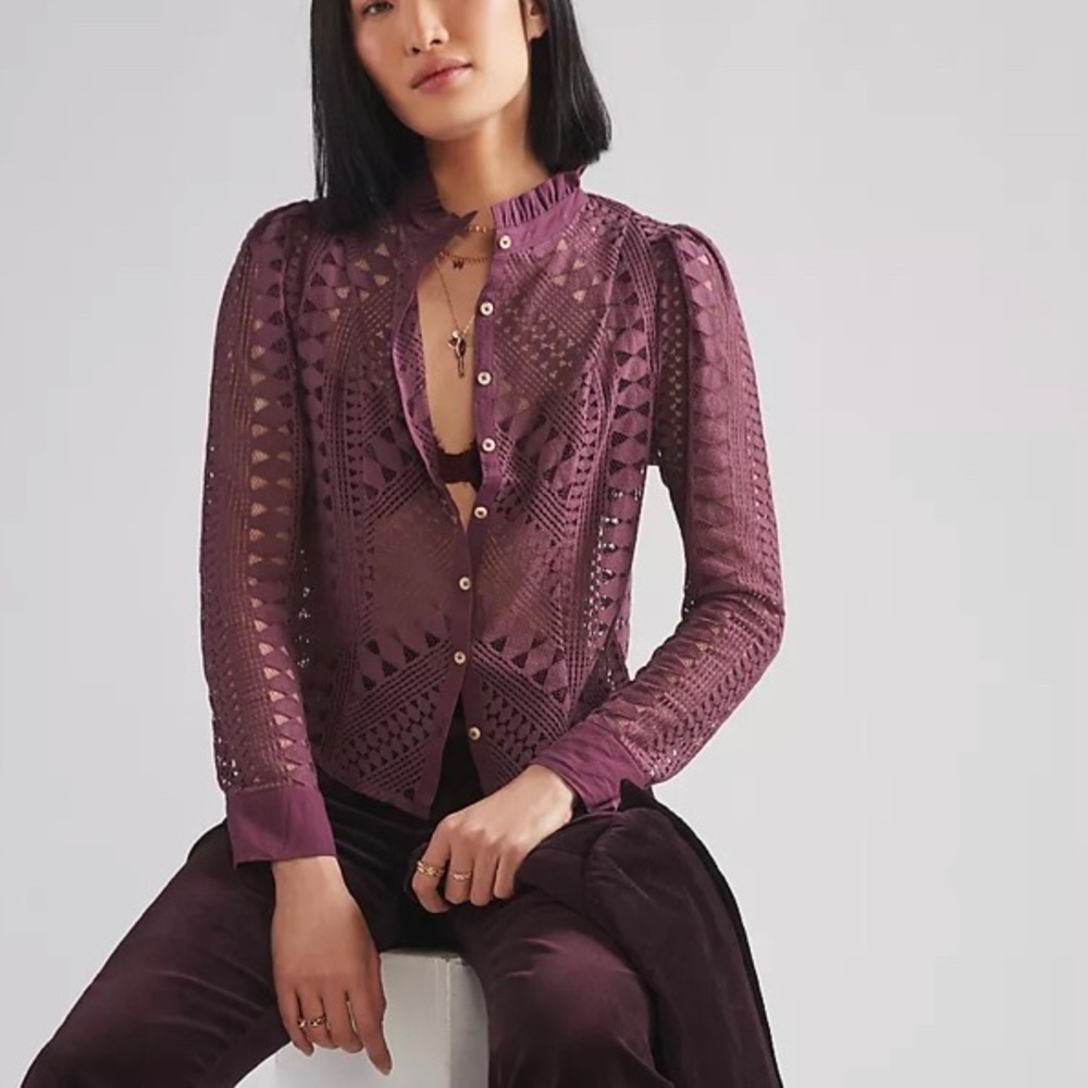Anthropologie Petite Button Down Lace Top